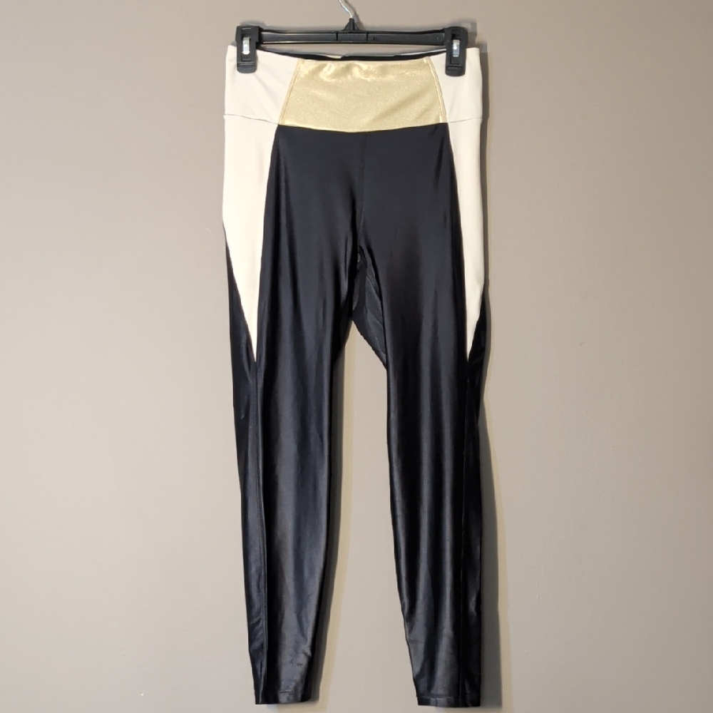 Heroine Sport Ivory/Gold/Black Colorblock Racer Leggings Size M L120806
